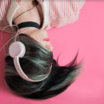 lading with earphones relaxing