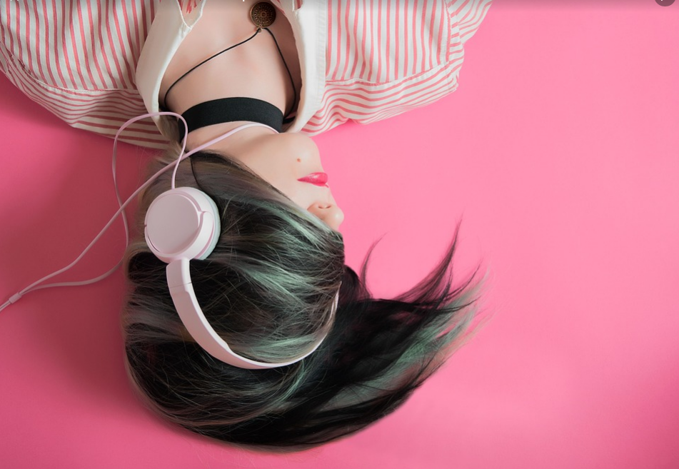 lading with earphones relaxing